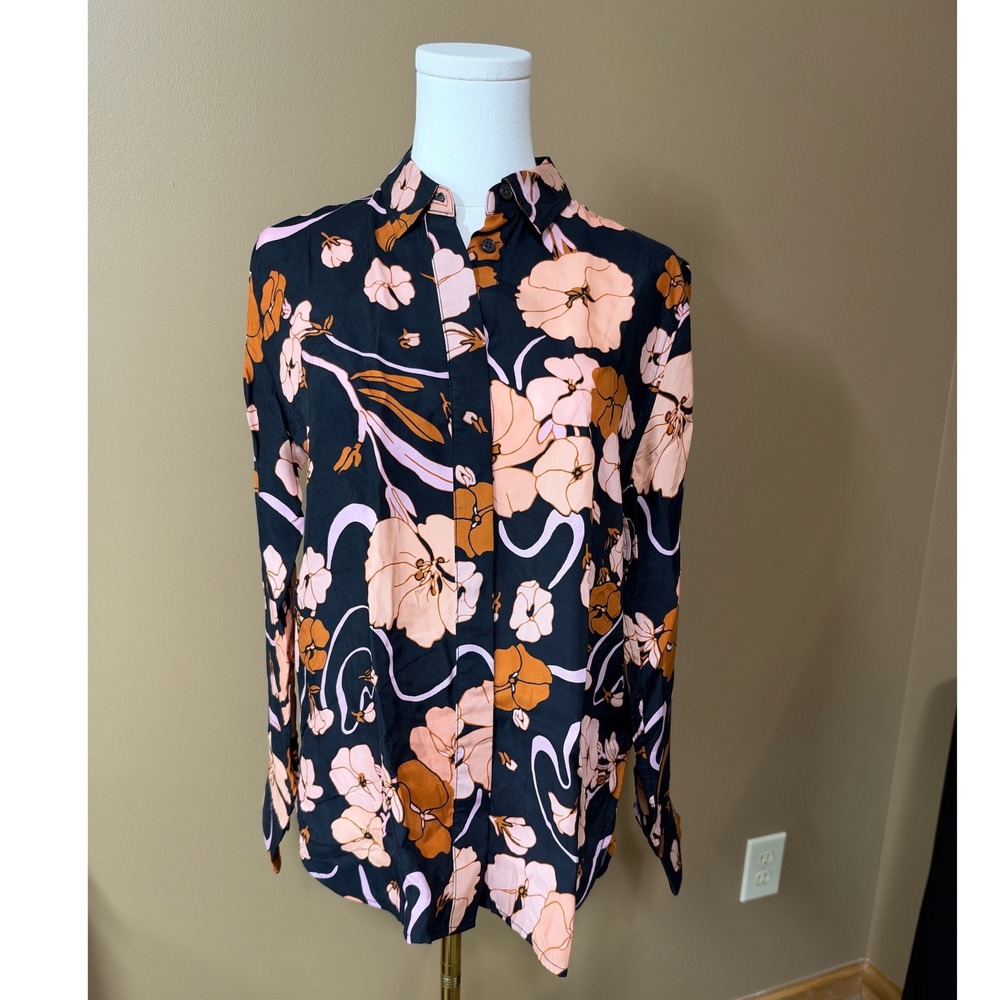 J.Crew Floral Cupro Blend Shirt Women 4 Black Pink Brown Button Down FA22